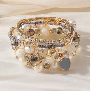 5pc Pearl Beaded Stretch Bracelet Set Layer Crystal Gemstone Heart Charm Boho